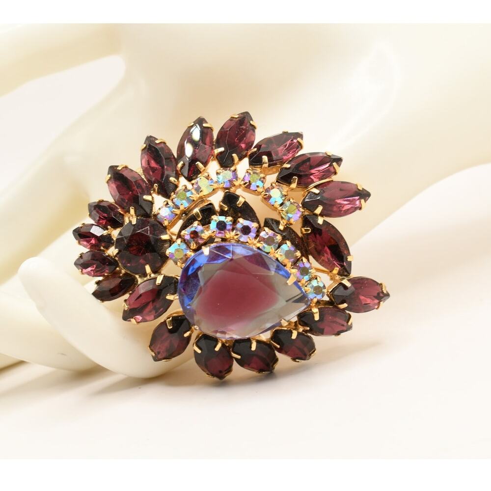 Vintage Watermelon Vitrail Rhinestone Brooch Purple AB Gold Tone 1950s